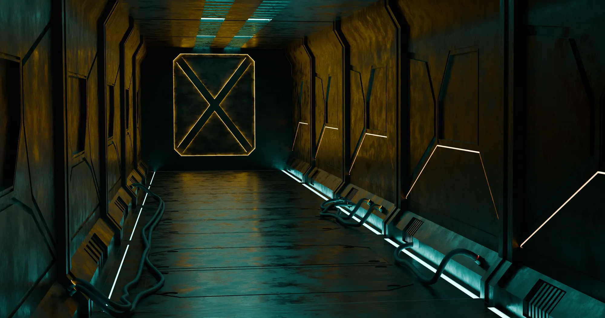 Sci-fi corridor environment — emissive strip lighting along a bulkhead interior